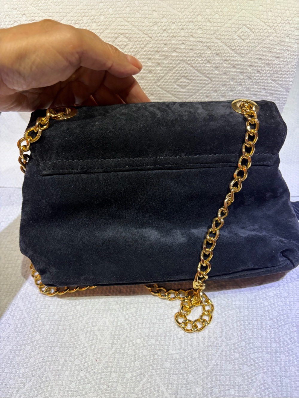 Black Suede Shoulder Bag with Gold Chain Strap